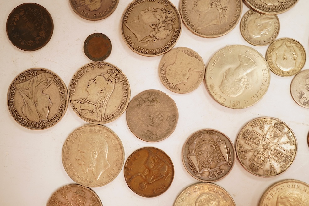 British coins, including silver crowns, George III, Victoria, George V, Victoria double florins, etc.